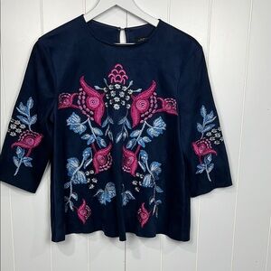 Zara Womens Top S Navy Pink Pullover Faux Suede Floral Embroidery 3/4 Sleeves
